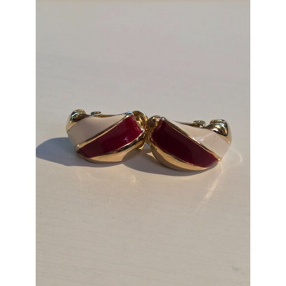 Vintage Leritz Gold & Red Enamel Chunky Curved Clip On Earrings - Picture 7 of 9